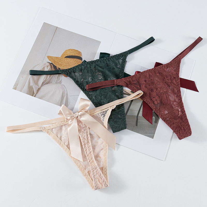 Cross-Border Lace Sexy Thong For Women Back Hot Bow Bikini Low Waist Breathable T Pants Specification drawing