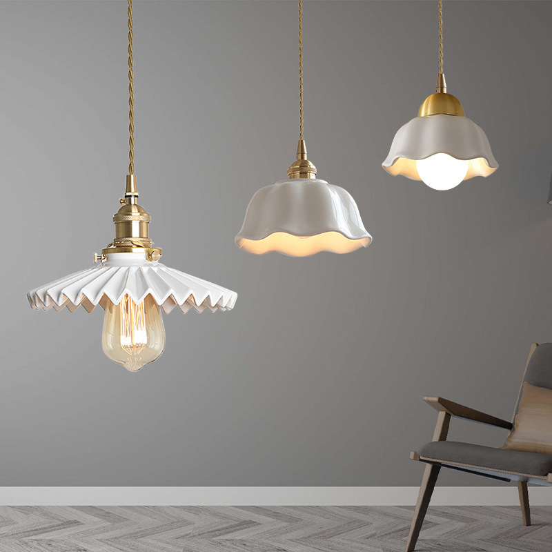 Nordic white pleated ceramic chandelier, Japanese restaurant, guesthouse bar counter, bedside, bedroom, living room, retro all-copper lamp full figure