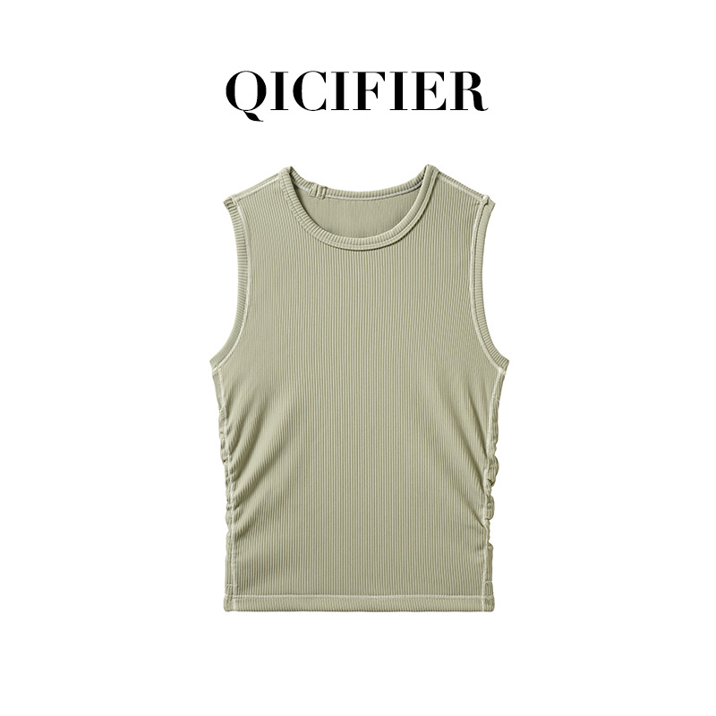 Qcfe Pleated Sports Fitness Short Sleeve Top Thread Tight Thin Breathable Nude Fabric Yoga Vest Women