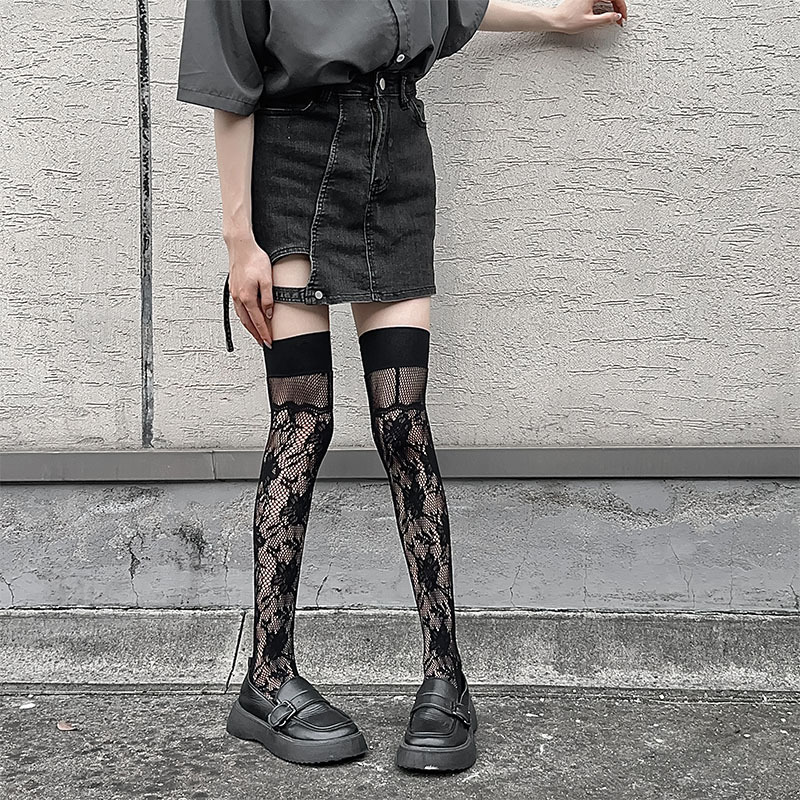 2025春夏新款花朵条纹镂空蕾丝精编木耳边女士堆堆袜子过膝长筒袜详情20