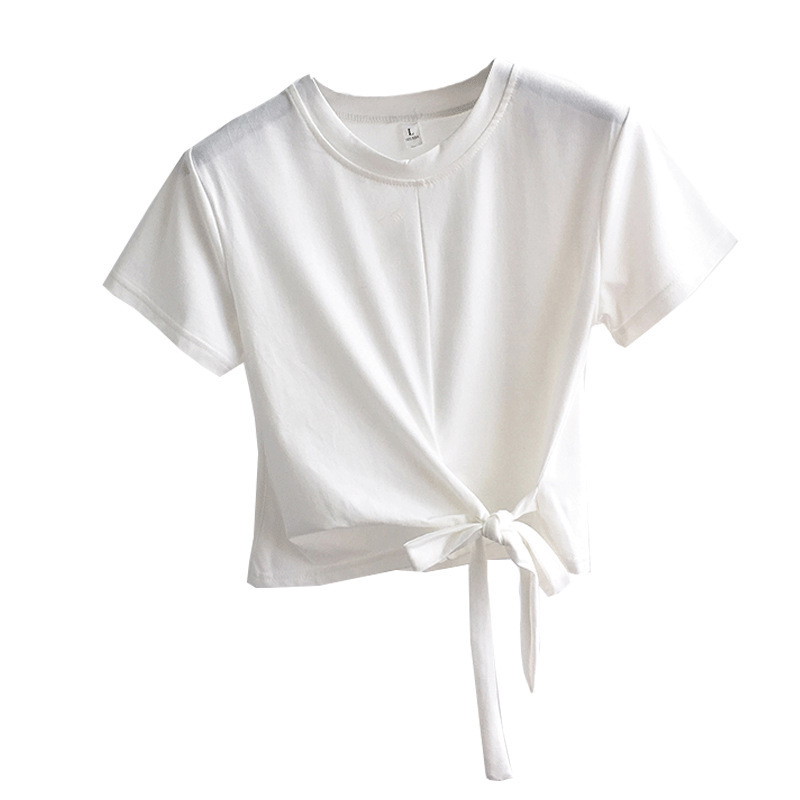 Short T-shirt Women's short-sleeved ins trendy summer wear 2025 new design sense lace-up T-shirt Korean-style high-waisted crop top Item Picture