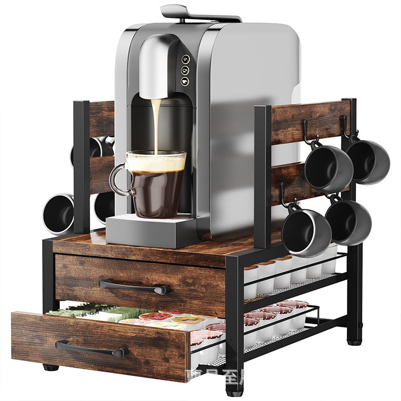 Hierro y madera combinados con café extraíble cápsula rack de almacenamiento con ganchos laterales tazas home coffee maker rack Item Picture