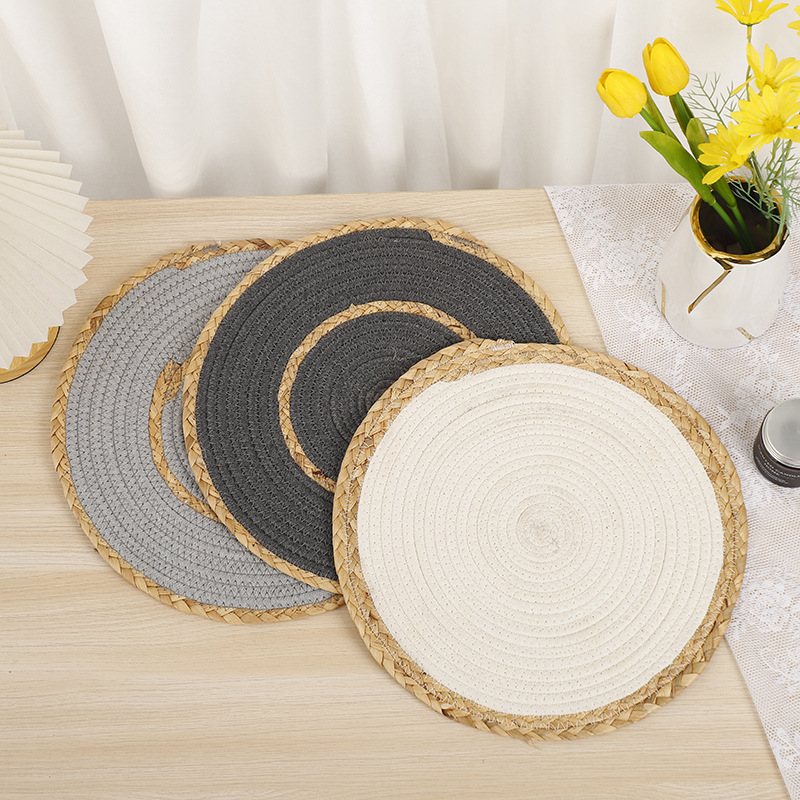New corn rope woven placemats, grey cloth strips with reinforced edges, cutlery and teacup MATS, home eco-friendly Western placemats