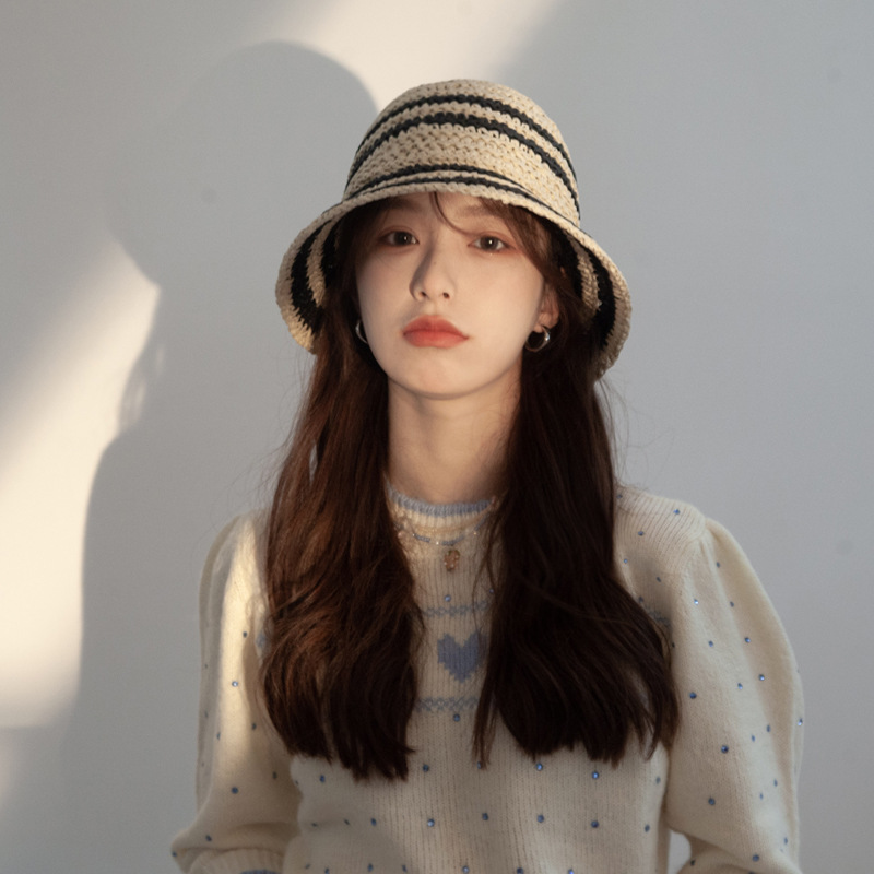 Hat female Korean version casual large brim striped visor hat fashion tide dome holiday beach hat foldable straw hat