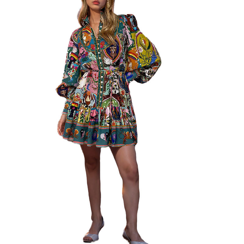 2025 Cross-border European and American women's clothing printed round neck, cinched waist, lace-up, pleated ruffled, retro pleated European and American dress Item Picture
