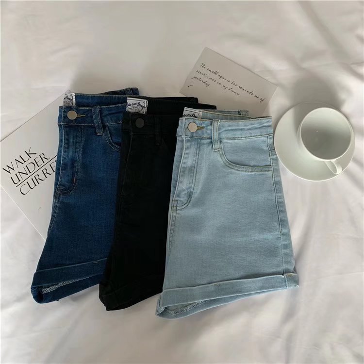 Wholesale of slim Hyuna style versatile rolled-up hot pants for women, high-waisted, light-colored tight denim shorts details Picture