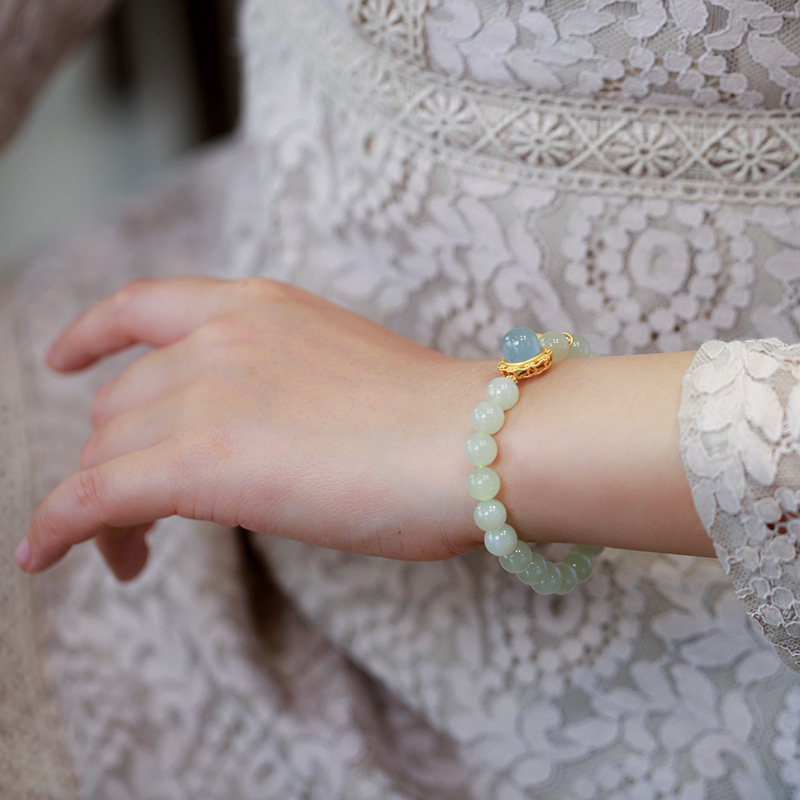 Wholesale of natural Hetian jade round bead single-ring bracelets, women's aquamarine pendants, accessories and jewelry bracelets Item Picture