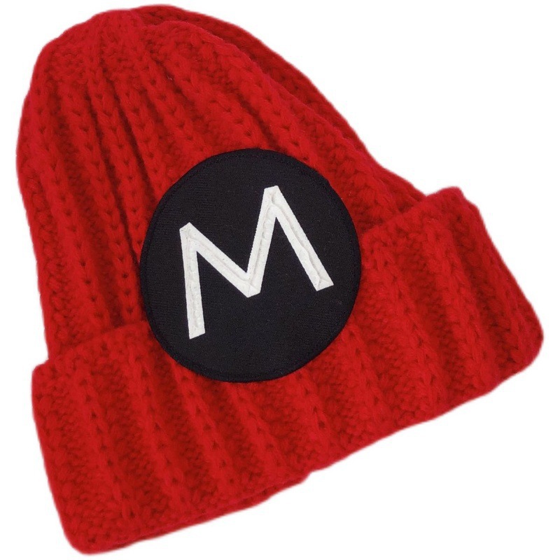 New versatile and in-stock autumn and winter tie-dyed patchwork letter monochrome warm knitted woolen caps for boys, girls, children and toddlers Item Picture