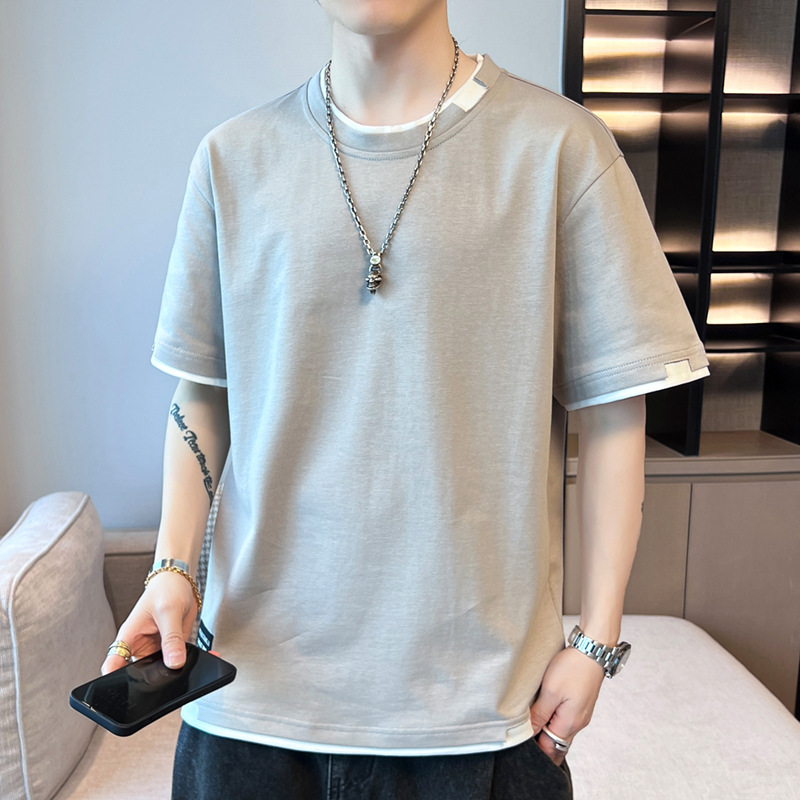 2025 New summer T-shirt for men, loose short-sleeved T-shirt top, versatile faux two-piece half-sleeved T-shirt for teenagers Specification image