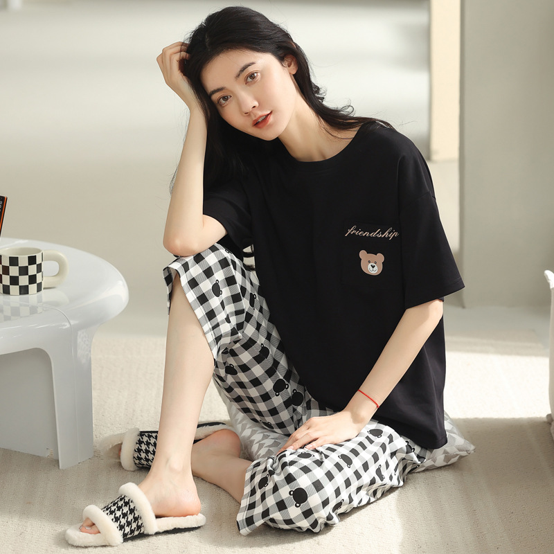 Pure cotton pajama women's summer set, fashionable large-sized, casual and cute knitted short-sleeved home wear wholesale, can be worn outside Specification image