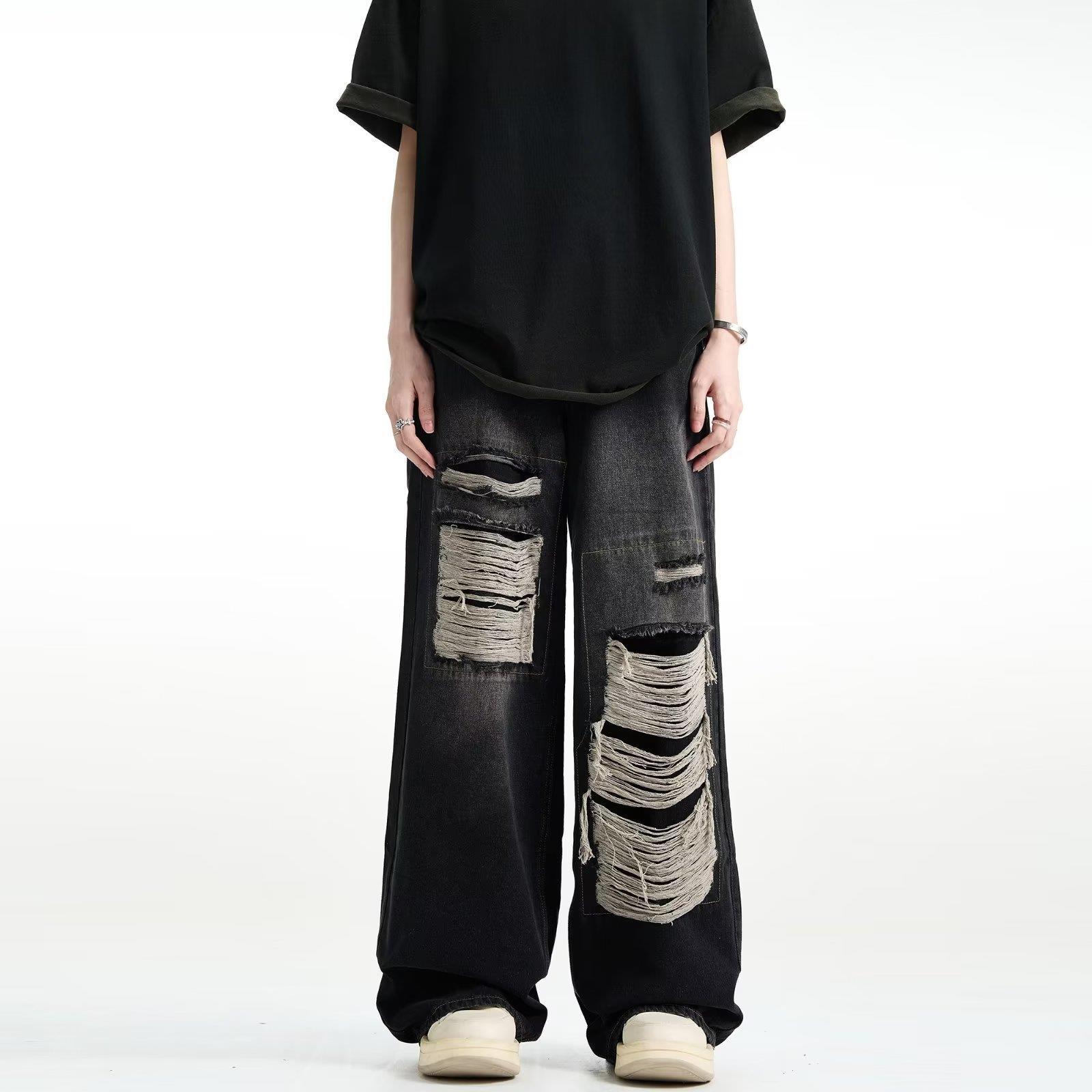 American vibe retro do old cloth ripped jeans women's high street design feel loose straight leg wide mop pants full figure