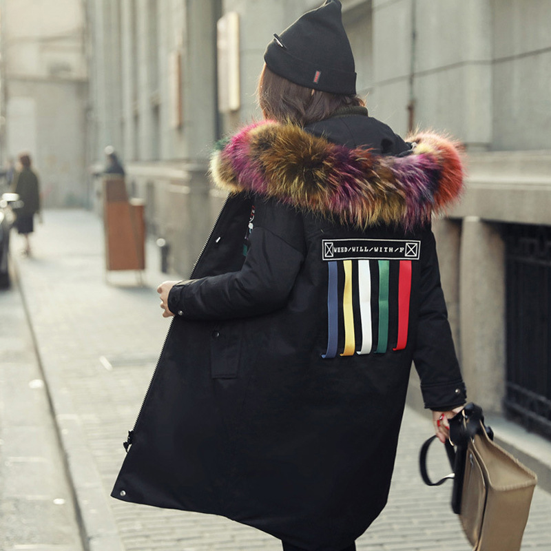 2022冬装新款韩版彩色缎带潮时尚大毛领羽绒服女中长款加厚外套