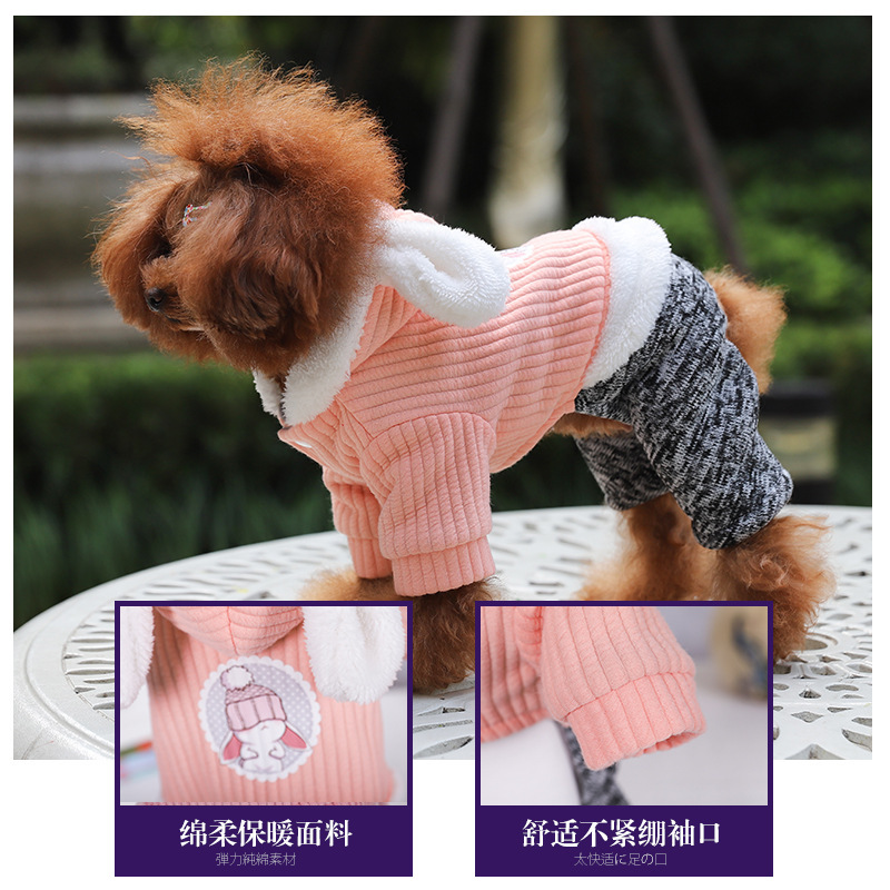 Pet coat with fleece, cute big rabbit ears, cat cotton-padded jacket, warm and comfortable for autumn and winter, dog four-legged clothing Item Picture