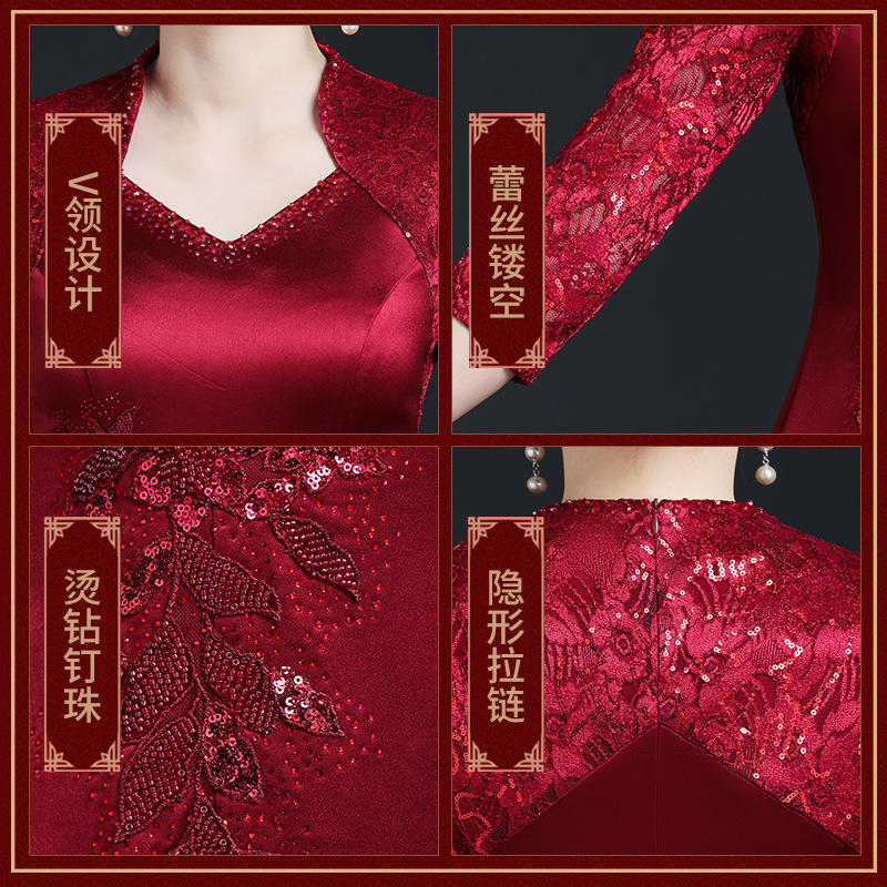 Wedding mother's dress for summer youth, wedding dress for grandma, red long modified cheongsam dress for adult women details Picture