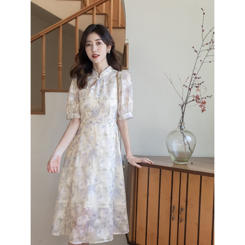 米花色改良版旗袍女2022春季新款连衣裙女高级感收腰气质裙子