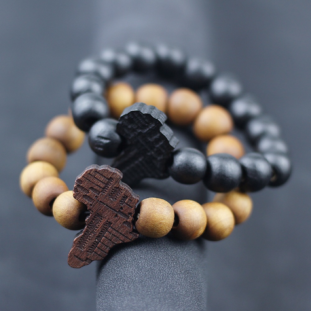 Europe And The United States Cross-Border Foreign Trade Africa Temu Hot Selling Carved Wooden African Map Bracelet Wooden Beads Wear Elastic String Men And Women Couples Accessory Gift Manufacturers Wholesale