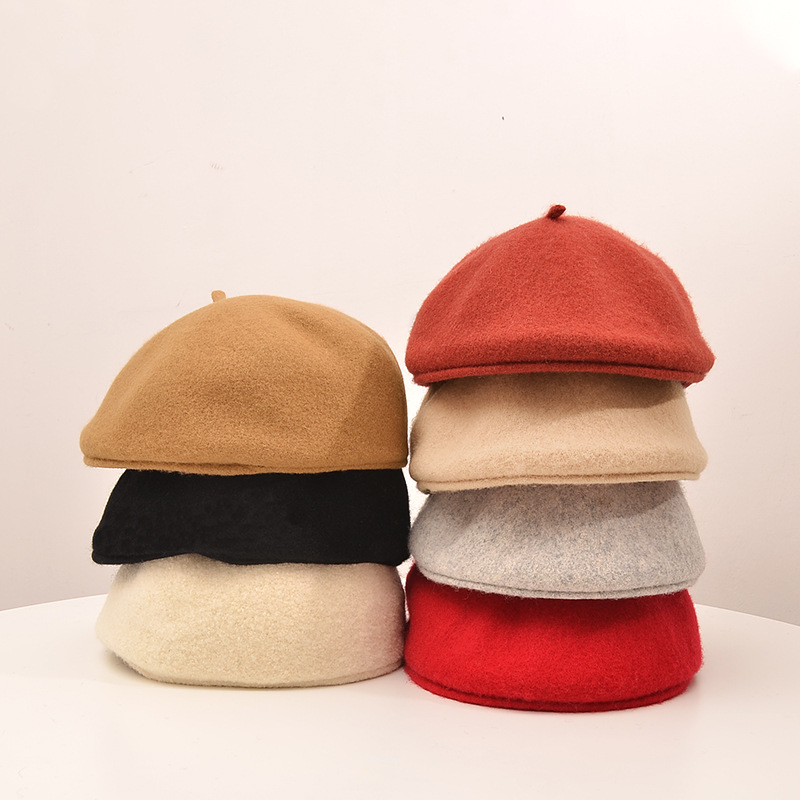 贝雷帽 女秋冬韩版日系画家帽 羊毛呢贝雷帽 南瓜帽大头围