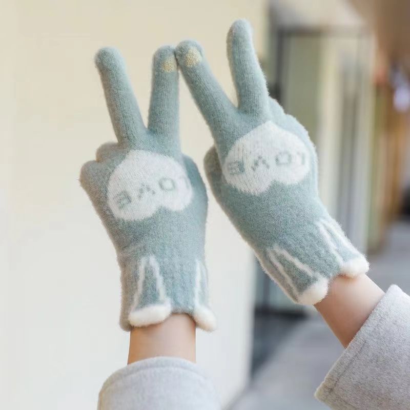 Autumn and winter gloves: Cute rabbit ears for girls, touch screen knitted warm student touch screen cold-proof fleece gloves details Picture