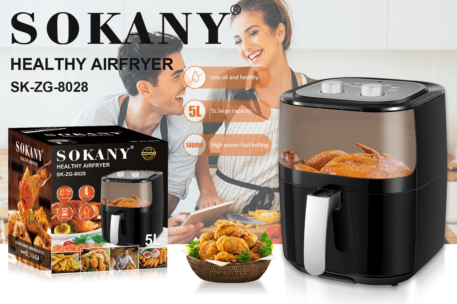 Cross-border SOKANY8028 air fryer, household fully automatic multi-functional 5L capacity AirFryer details Picture