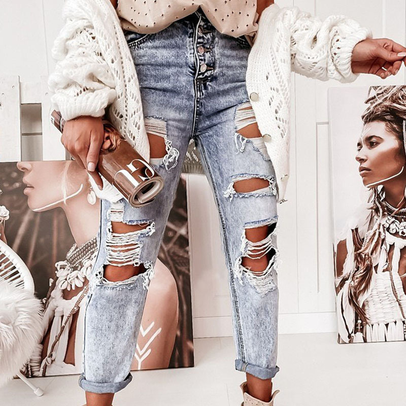 跨境外贸亚马逊2022秋冬新款街头潮人破洞修身显瘦牛仔长裤女