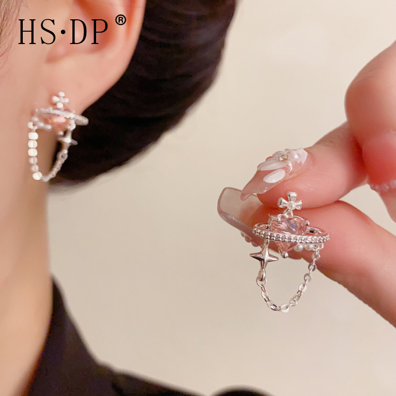 轻奢百搭厚银镶钻芒星星球流苏耳坠女精致时尚简约独特设计感耳环详情4