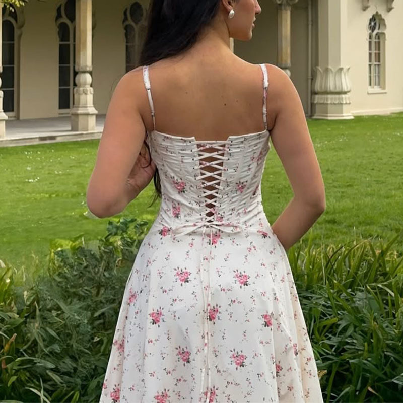 A new sweet pink floral halter high-waisted, form-fitting dress for cross-border women's wear from Europe and America in summer 2025 Specification drawing
