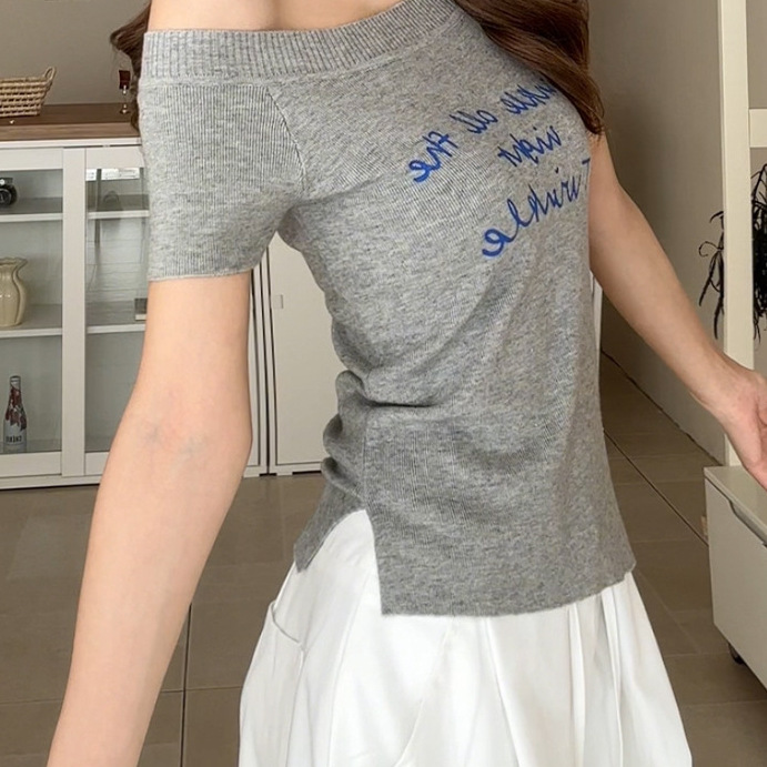 Summer hot girl one-shoulder letter-printed short-sleeved knitted sweater for women, sexy off-the-shoulder T-shirt top for spring and summer details Picture