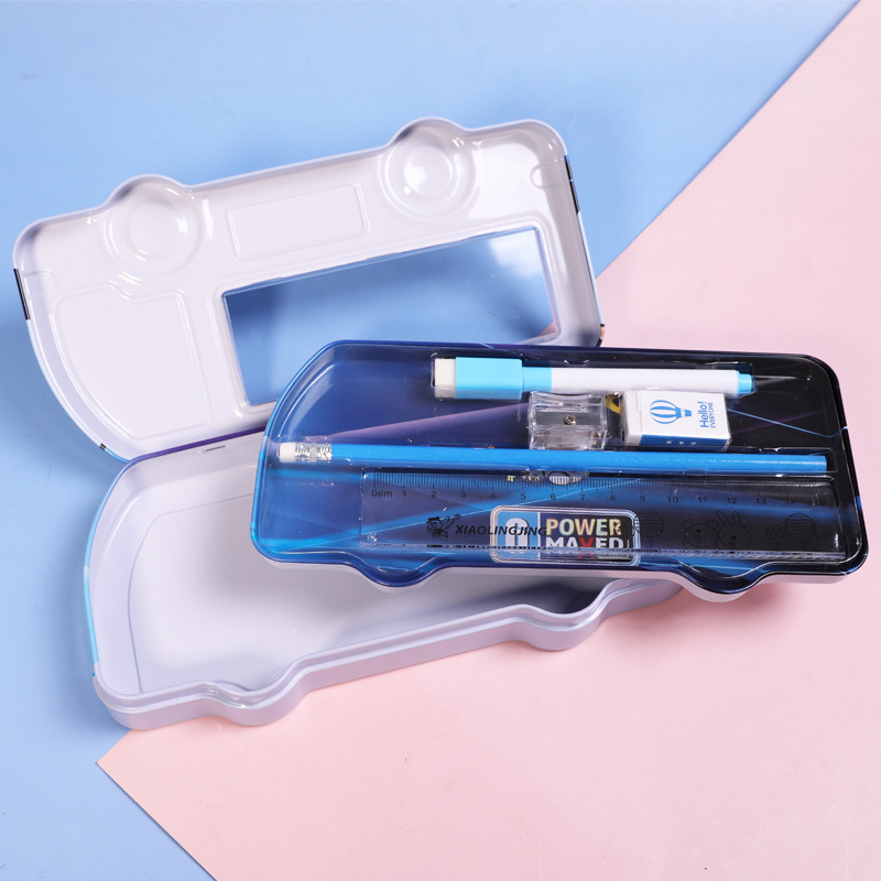 Little Spirit Unicorn Bear Crocodile Double-layer large-capacity iron stationery box and pen case, fashionable stationery set for junior high school students, children's bus window design Specification image