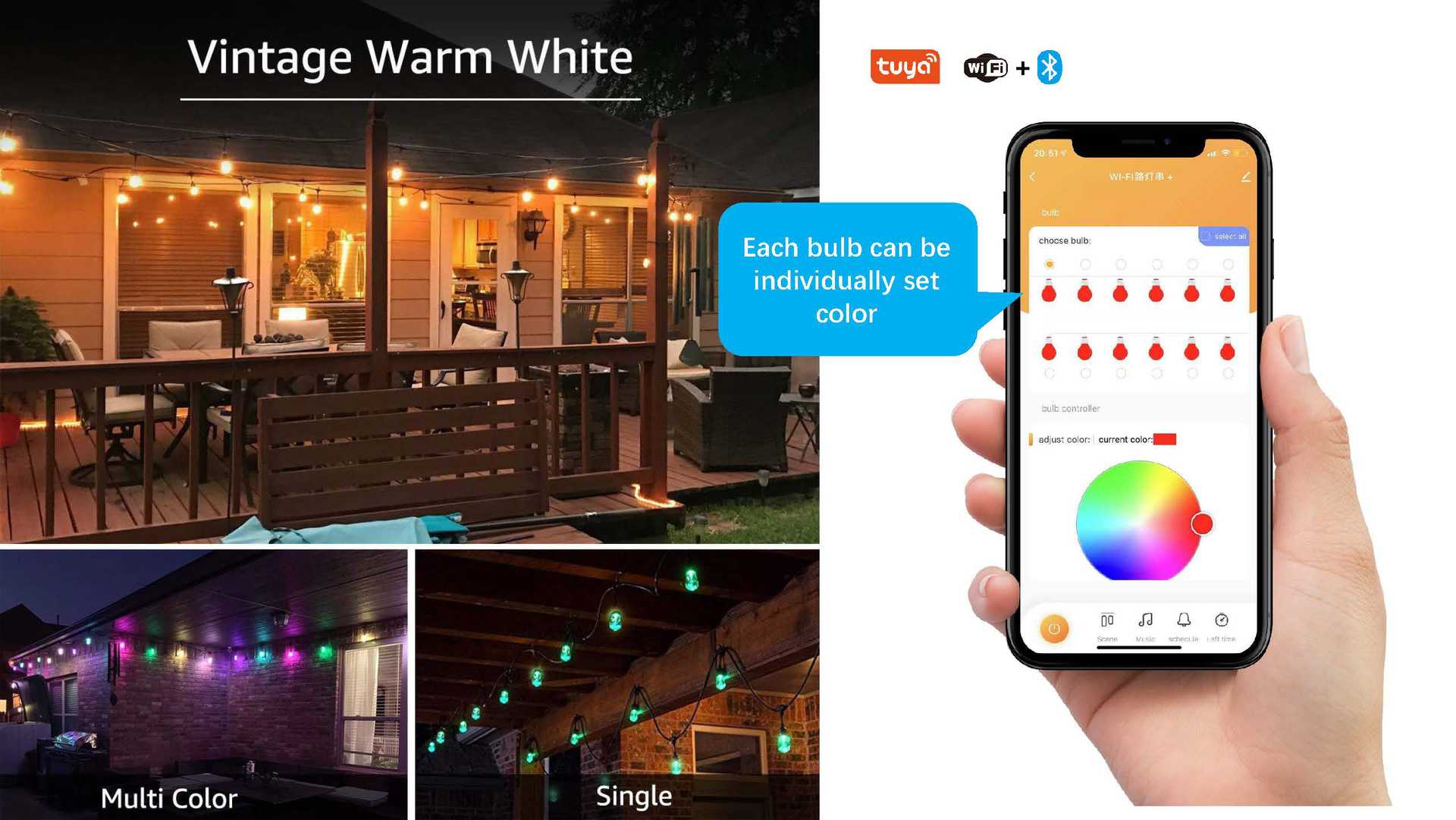 Smart outdoor string light 24-foot -12 bulbs, Wifi +433 waterproof APP control, single light controllable Application Scenario