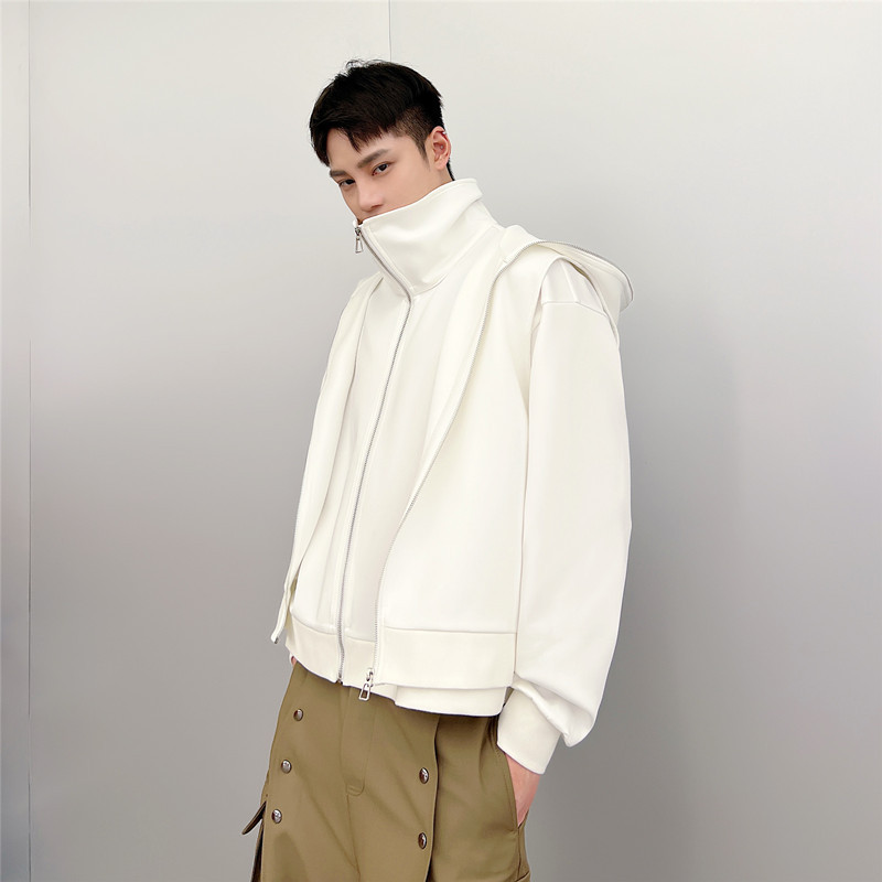 A highly anticipated Korean-style fake two-piece hoodie for men with a niche design, featuring a white zipper detachable long-sleeved loose pullover