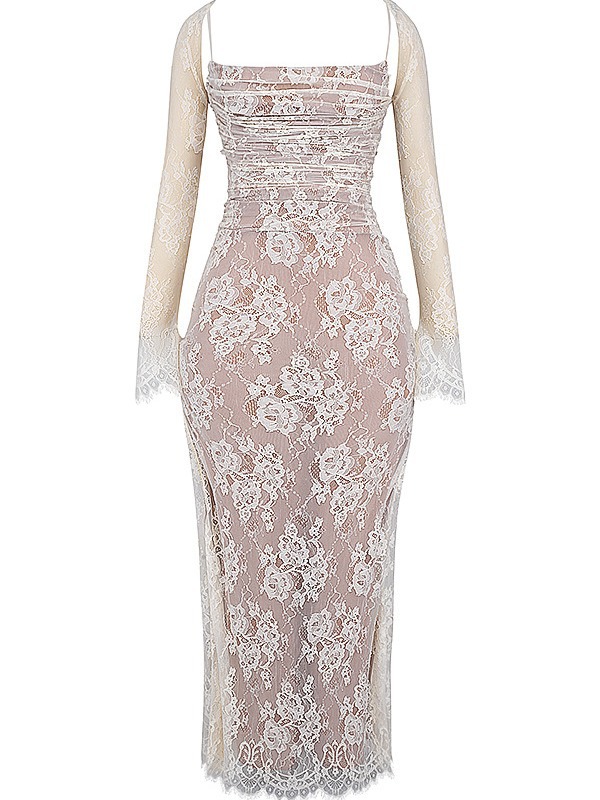 This is a popular lace dress for foreign trade, featuring a high-end retro cream white long dress. It is a slim and sexy women's dress made of European and American mesh fabric Item Picture