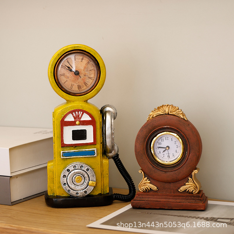 复古美式座钟造型摆件树脂工艺品书柜桌面装饰台钟艺术感时钟批发