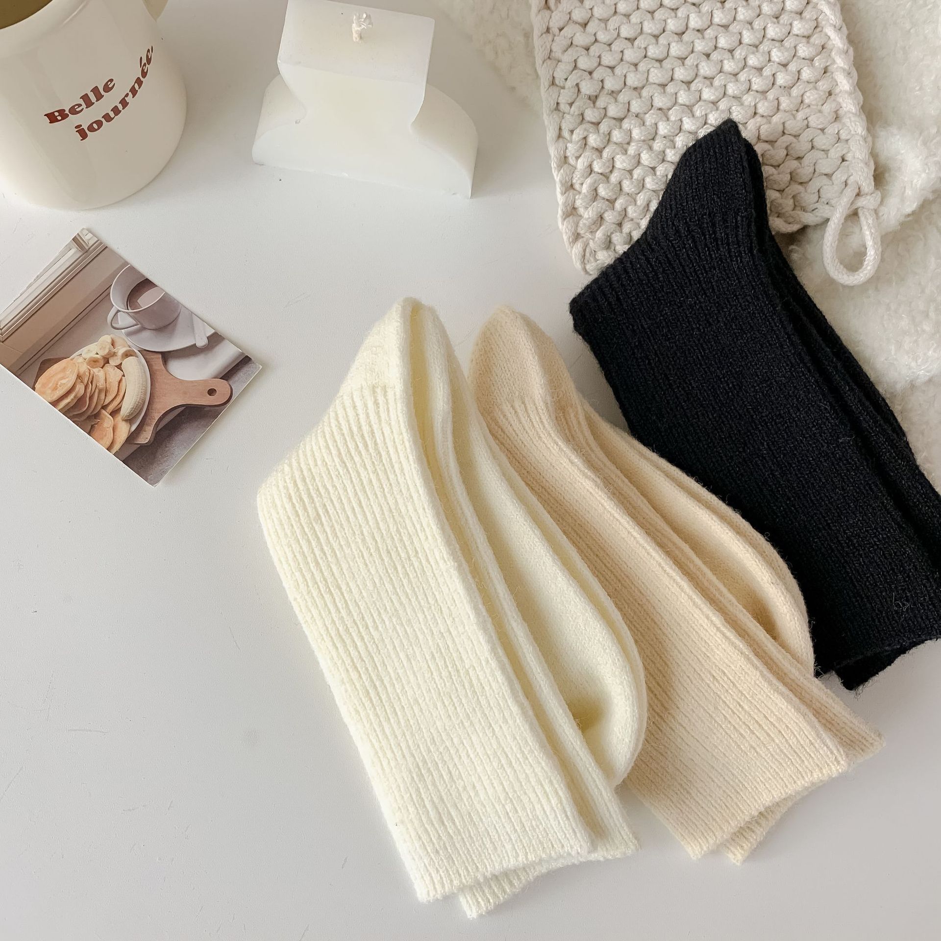 Japanese-style soft and glutinous wool socks, warm winter plush thickened long socks, cream solid color ins fine stripes warm pile socks Application Scenario
