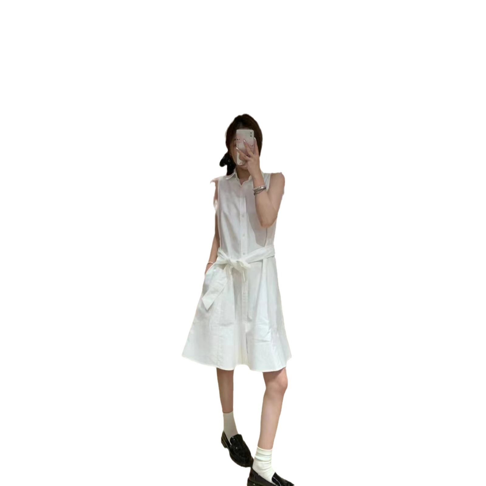 现货RL拉夫小马家白月光初恋甜美洋气精致无袖绑带刺绣polo连衣裙白底实物图