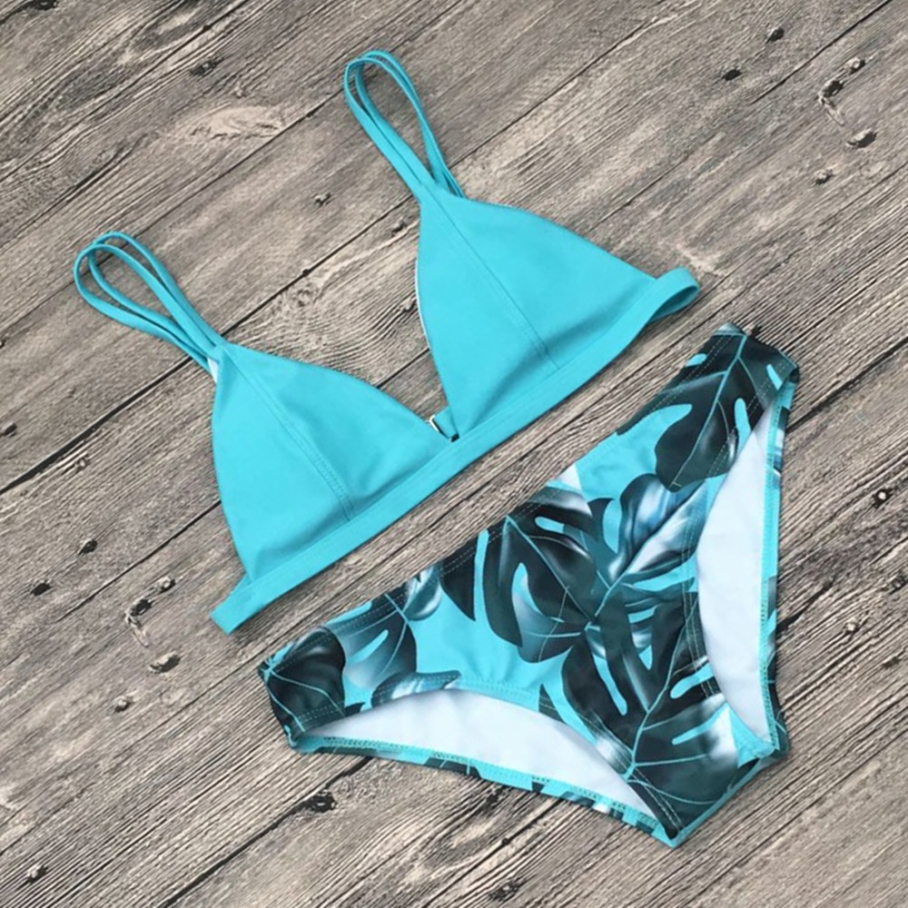 Europe And The United States Sexy Solid Color Printed Two-Piece Swimwear Halter Triangle Bikini Bikini In Stock Swimwear Application Scenario
