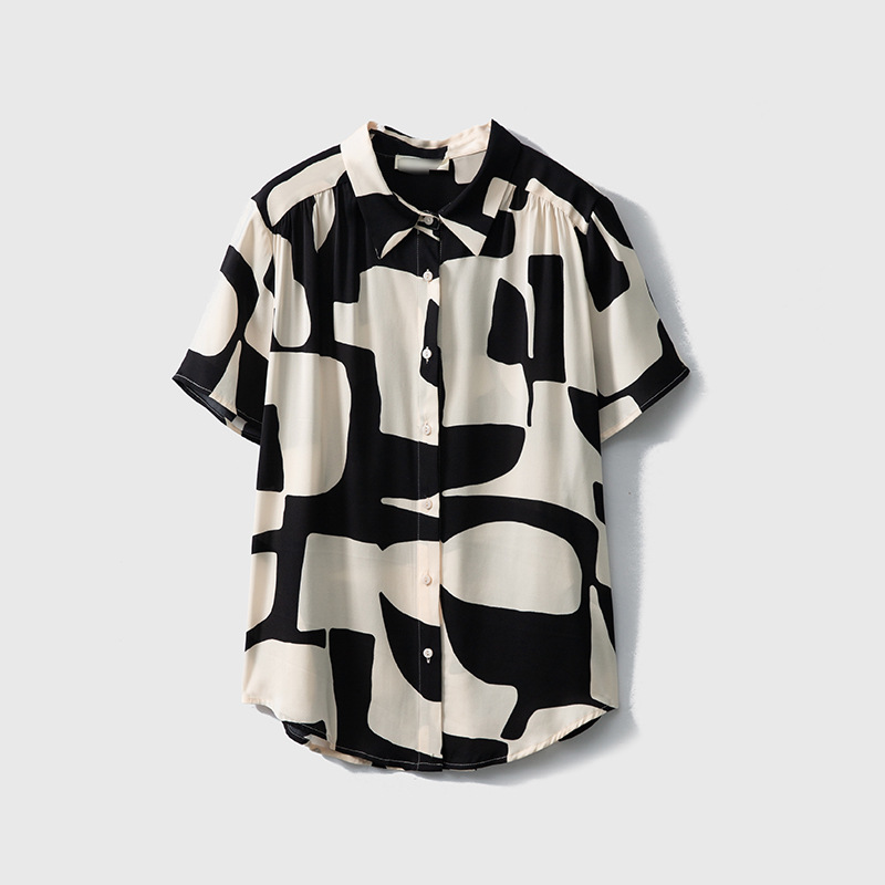 Heavyweight Double Qiao satin silk short-sleeved shirt, loose mulberry silk top, women's commuter style shirt for summer details Picture