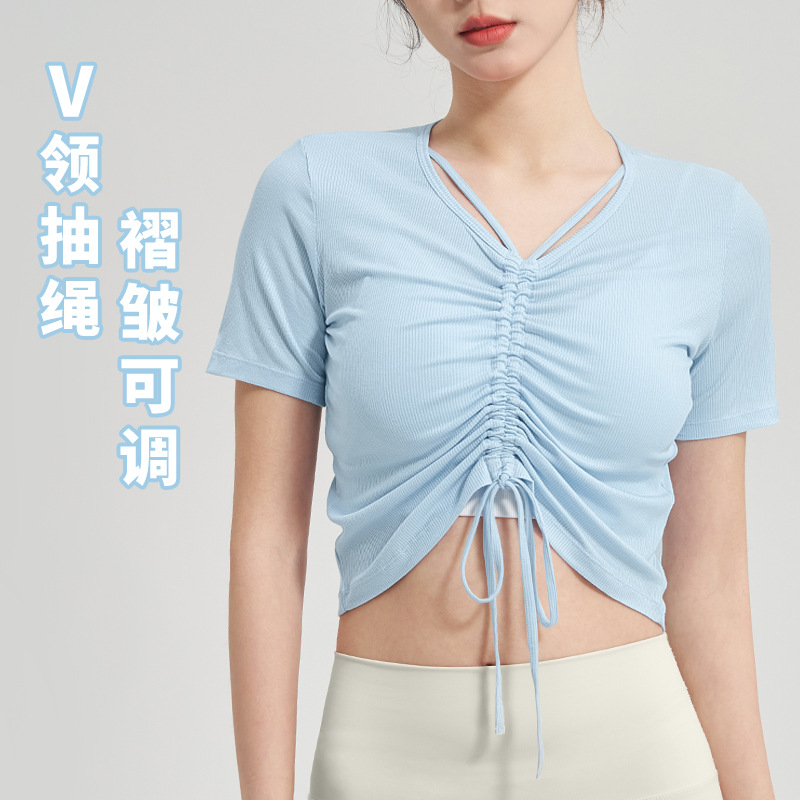 Summer Short Striped Front Pleated Running Top For Women Loose Quick Dry Yoga Short Sleeve T-Shirt Fitness Wear