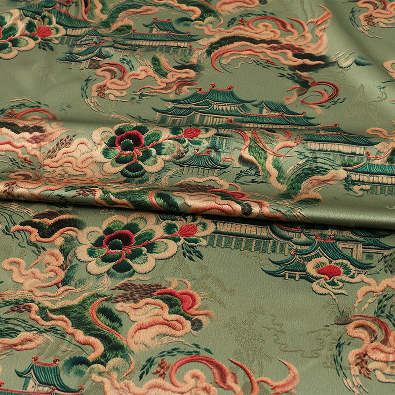 新中式唐装风柔软缎面古风印花面料  缎面香云纱提花面料