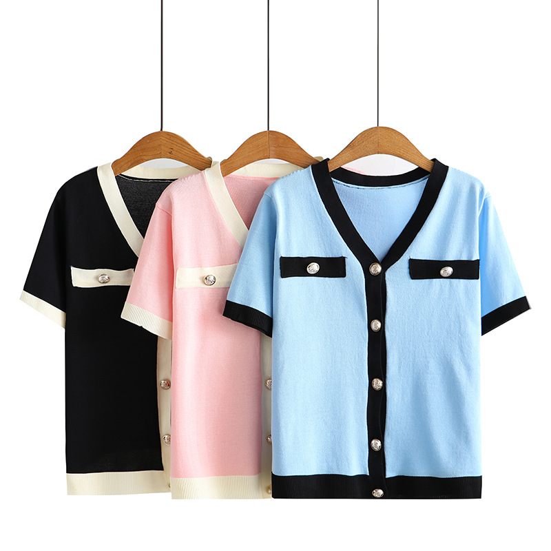 T73胖MM大码女装2022夏季新品韩版新款小香风针织拼色短袖T恤2239