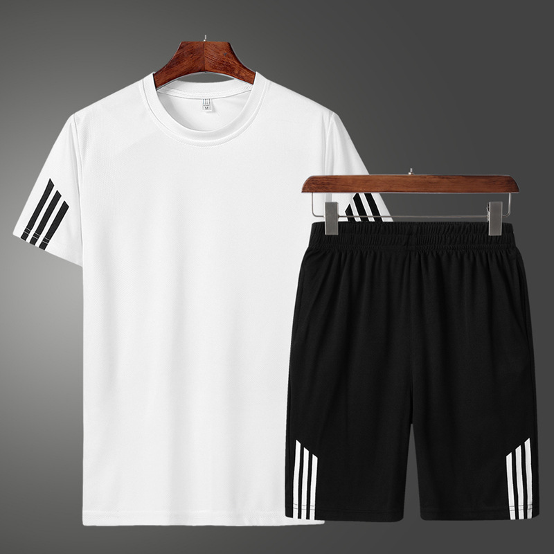 2021 New Three-Bar Sports Leisure Set Men's Summer Fitness Running Breathable Short-Sleeved T-Shirt Set
