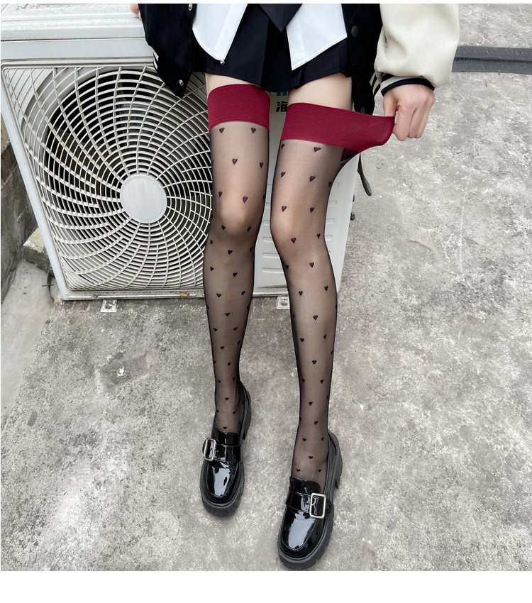 Red-rimmed black stockings, pure and heart-shaped long socks for women, Instagram-worthy, sexy summer, ultra-thin JK polka dots that reach the knees details Picture