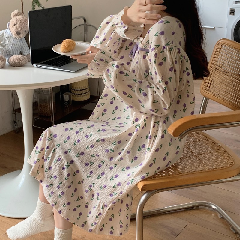 Women With Breast Pad Pajamas Spring And Autumn Long Sleeve Floral Cloth Loose Pregnant Women Long Nightdress Network Red Wind Homewear Winter Specification drawing