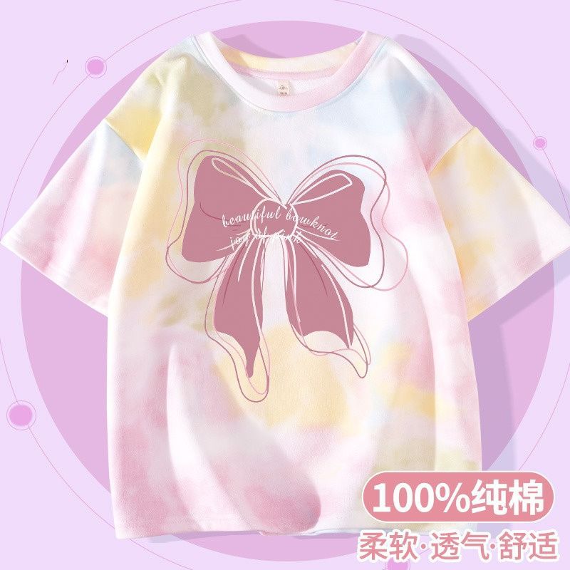 Pure cotton girls' short-sleeved T-shirt, children's summer wear, stylish tie-dyed top for big kids, best-selling girls' clothes, half-sleeved T-shirt Specification image