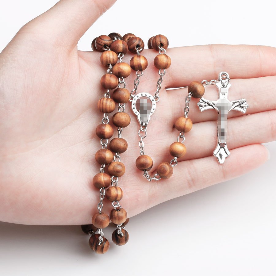 European And American Foreign Trade Hot Nine Pin 59 8Mm Wood Beads Beaded Necklace Cross Wood Beads Rosary Religious Necklace Manufacturers Wholesale Item Picture