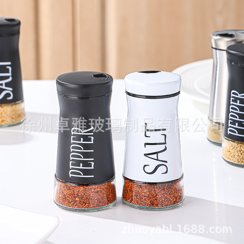 黑白玻璃调料瓶旋转可控不锈钢撒料瓶带盖盐胡椒粉孜然香料调味瓶