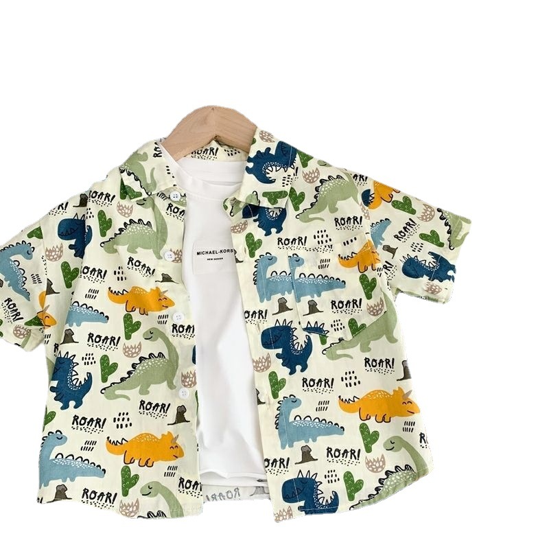 Boys' cartoon dinosaur shirt 2024 Summer new style small and medium-sized children's cool thin shirt, children's pure cotton top trendy Item Picture
