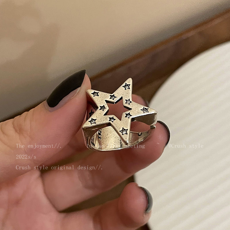 Dark style ~ Five-pointed star metal open ring, a niche design for women, hip-hop cold style index finger ring, couple rings