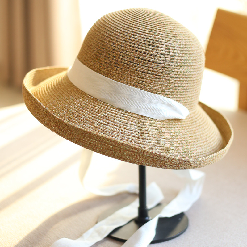 日本纸草卷边可折叠飘带丝带渔夫帽遮阳帽防晒沙滩帽女海边草帽