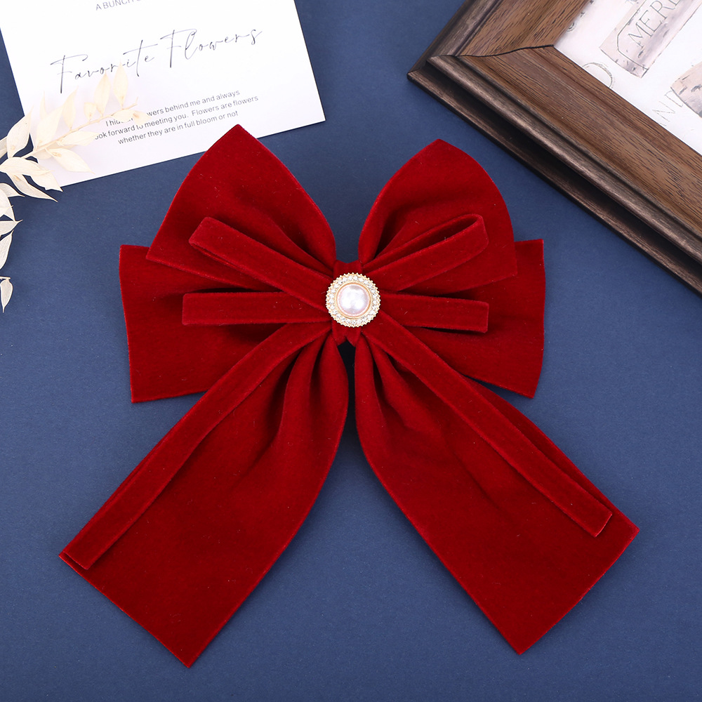 Chinese-style high-end New Year's toasting dress headwear, simple and elegant pearl hair clips, wine red velvet top clips wholesale Specification image