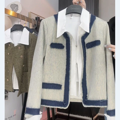 French Small Fragrance Color Splicing Denim Coat Female Spring And Autumn New Style Temperament Design Sense Of Short Top